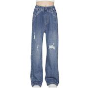duxyoz Girls Jeans Y2k Trousers Elastic Waisted Wide Leg Denim Pants Casual Loose Retro Style Baggy Bootcut Trousers Teen Girl Children Vintage Streetwear Fashion Jean with Pockets 9-10 Years