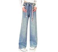 duxyoz Girls Jeans Y2k Trousers Elastic Waisted Wide Leg Denim Pants Casual Loose Retro Style Baggy Bootcut Trousers Teen Girl Children Vintage Streetwear Fashion Jean with Pockets 15-16 Years