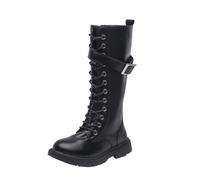 duxyoz Girls Knee High Riding Boots Faux Fur Lined Winter BootUK Size 9-1.5 | Plush,Warm,PU Leather,Lace Up,Side Zipper,Buckle,Punk Goth Boots,Lug Sole Chunky Heels Booties,School Shoes Autumn Winter