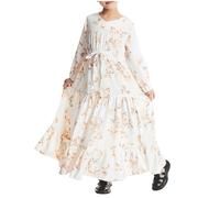duxyoz Girls Long Sleeve Dresses Drawstring Waist Round Neck Tiered Ruffle Boho Beach Sundress Summer Casual Loose Flowy Pleated Muslim Maxi Dress Flora Printed Flare Sundress Festival 11-12 Years