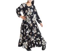 duxyoz Girls Long Sleeve Dresses Drawstring Waist Round Neck Tiered Ruffle Boho Beach Sundress Summer Casual Loose Flowy Pleated Muslim Maxi Dress Flora Printed Flare Sundress Festival 13-14 Years