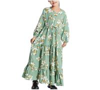 duxyoz Girls Long Sleeve Dresses Drawstring Waist Round Neck Tiered Ruffle Boho Beach Sundress Summer Casual Loose Flowy Pleated Muslim Maxi Dress Flora Printed Flare Sundress Festival