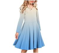 duxyoz Girls Long Sleeve Stretchy Dress A Line Twirly Skater School Party Dress Gradient Colour Swing Sundress Elegant Round Neck Dresses Summer Casual T-Shirt Dress Kids Flared Dress 13-14 Years