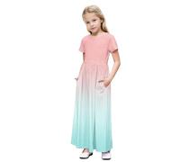 duxyoz Girls Maxi Dress with Pockets Short Sleeve Floral Print Wedding Holiday Party Dresses for Kids Smocked Aline Flowy Boho Beach Sundress Crewneck Soft Lounge Pajamas Nightdress 11-12 Years
