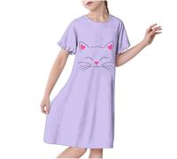 duxyoz Girls Nightdress Pyjamas Ruffle Short Sleeve Princess Nightie Fashion Tie Dye Cute Sleepwear Casual Pajama Dress Crew Neck Soft Comfy Nightshirts Nightwear 01 Purple 9-10 Years