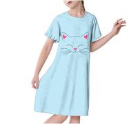 duxyoz Girls Nightdress Pyjamas Ruffle Short Sleeve Princess Nightie Fashion Tie Dye Cute Sleepwear Casual Pajama Dress Crew Neck Soft Comfy Nightshirts Nightwear 01 Light Blue 10-12 Years