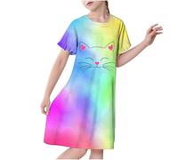 duxyoz Girls Nightdress Pyjamas Ruffle Short Sleeve Princess Nightie Fashion Tie Dye Cute Sleepwear Casual Pajama Dress Crew Neck Soft Comfy Nightshirts Nightwear 01 Multicolor 6-7 Years