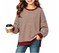 duxyoz Girls Oversized Striped Sweatshirt Crewneck Casual Long Sleeve Tops | Soft Knitting Cotton,Comfy,Warm,Breathable,Round Neck,Side Slit,Loose Fit,Pullover Sweatshirts Pullover Top,5-15 Years