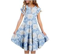 duxyoz Girls Party Dress Girl's Summer Sundress Short Sleeve Skater Swing A-Line Cute Midi Casual Dresses Kids Flora Printed Boho Princess Dress Lightweight Flowy Sundress with Pockets 6-7 Years