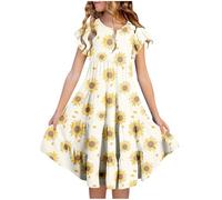 duxyoz Girls Party Dress Girl's Summer Sundress Short Sleeve Skater Swing A-Line Cute Midi Casual Dresses Kids Flora Printed Boho Princess Dress Lightweight Flowy Sundress with Pockets 6-7 Years