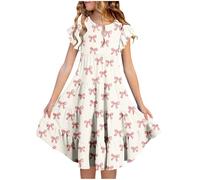 duxyoz Girls Party Dress Girl's Summer Sundress Short Sleeve Skater Swing A-Line Cute Midi Casual Dresses Kids Flora Printed Boho Princess Dress Lightweight Flowy Sundress with Pockets 8-9 Years