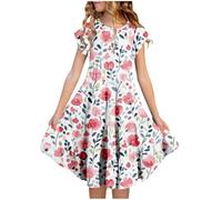duxyoz Girls Party Dress Girl's Summer Sundress Short Sleeve Skater Swing A-Line Cute Midi Casual Dresses Kids Flora Printed Boho Princess Dress Lightweight Flowy Sundress with Pockets 14-15 Years