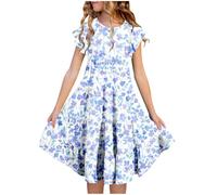 duxyoz Girls Party Dress Girl's Summer Sundress Short Sleeve Skater Swing A-Line Cute Midi Casual Dresses Kids Flora Printed Boho Princess Dress Lightweight Flowy Sundress with Pockets 10-11 Years