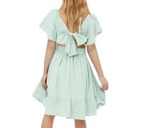 duxyoz Girls Party Dress Tie Back Skater Dress Kids Short Sleeve Summer Casual Sundress A-Line Mini Dresses Square Neck Elastic Waist Ruffle Flowy Vacation Dresses for Birthday Party 14-15 Years