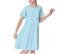 duxyoz Girls Princess Pajamas Nightwear Short Sleeve Summer Sleep Shirt Kids Girl Nightgowns Solid Color Comfy Nighties Nightdress Lightweight Soft Sleepsuit 02 Light Blue 3-4 Years