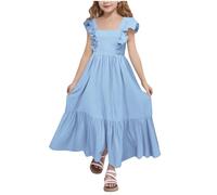 duxyoz Girl's Ruffle Summer Dresses Flutter Sleeves Backless Tie Back Knot Beach Sundress Solid Color Flowy A Line Swing Tiered Midi Maxi Dress Square Neck Sleeveless Boho Princess Dress 4-5 Years