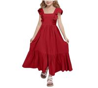 duxyoz Girl's Ruffle Summer Dresses Flutter Sleeves Backless Tie Back Knot Beach Sundress Solid Color Flowy A Line Swing Tiered Midi Maxi Dress Square Neck Sleeveless Boho Princess Dress 10-11 Years