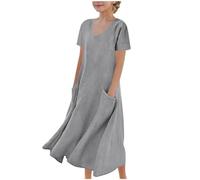 duxyoz Girl's Short Sleeve Linen Dress with Pockets Lightweight Crewneck Beach Lounge Casual Sundress Loose Fit Solid Color Flowy Maxi Dresses Kids Plain Holiday Party Elegant Sundress 7-8 Years