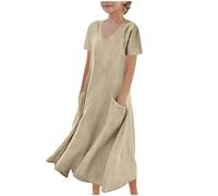 duxyoz Girl's Short Sleeve Linen Dress with Pockets Lightweight Crewneck Beach Lounge Casual Sundress Loose Fit Solid Color Flowy Maxi Dresses Kids Plain Holiday Party Elegant Sundress 7-8 Years