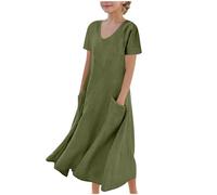 duxyoz Girl's Short Sleeve Linen Dress with Pockets Lightweight Crewneck Beach Lounge Casual Sundress Loose Fit Solid Color Flowy Maxi Dresses Kids Plain Holiday Party Elegant Sundress 11-12 Years