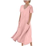 duxyoz Girl's Short Sleeve Linen Dress with Pockets Lightweight Crewneck Beach Lounge Casual Sundress Loose Fit Solid Color Flowy Maxi Dresses Kids Plain Holiday Party Elegant Sundress 15-16 Years