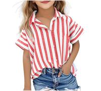 duxyoz Girls Short Sleeve Linen Shirts Striped Button Down T Shirt Kids Loose Fit Summer Casual Tops Classic V Neck Dressy Blouses Tee Lightweight Breathable Beach Lounge Tunic Blouse 12-13 Years