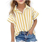 duxyoz Girls Short Sleeve Linen Shirts Striped Button Down T Shirt Kids Loose Fit Summer Casual Tops Classic V Neck Dressy Blouses Tee Lightweight Breathable Beach Lounge Tunic Blouse 7-8 Years