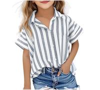 duxyoz Girls Short Sleeve Linen Shirts Striped Button Down T Shirt Kids Loose Fit Summer Casual Tops Classic V Neck Dressy Blouses Tee Lightweight Breathable Beach Lounge Tunic Blouse 11-12 Years