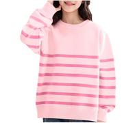 duxyoz Girls Striped Pullover Sweaters Long Sleeve Colorblock Crewneck Knitted Sweater Chunky Pullover Jumper Lightweight Soft Warm Loose Fit Oversized Knitwear Tops Age 9-10 Years Pink
