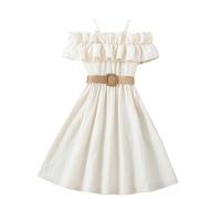 duxyoz Girls Summer Dress Beach Casual Midi Dress Cold Shoulder Elegant Flower Girl Swing Dress Plain Chiffon Sundress Solid Colour High Waist A Line Dress Belted Bridesmaid Dress 12-13 Years