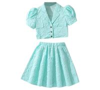 duxyoz Girls Summer Dress Outfit 2 Piece Clothes Set Puff Sleeve Button Shirts and High Waist Skirts Two-Piece Sets Solid Color Holiday Vacation Sets Loungewear School Dresses for Kids 10-11 Years