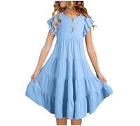 duxyoz Girls Summer Dress Short Sleeve Twirly Skater Dress Kids Cute Solid Color Round Neck Flowy Sundress for Beach Wedding Festival Elegant School Outfits Clothes Spring Summer Blue 14-15 Years