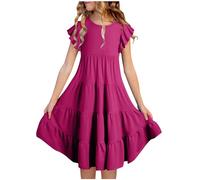 duxyoz Girls Summer Dress Short Sleeve Twirly Skater Dress Kids Cute Solid Color Round Neck Flowy Sundress for Beach Wedding Festival Elegant School Outfits Clothes Spring Summer Wine 8-9 Years