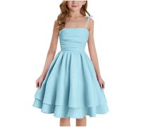 duxyoz Girl's Summer Dresses Spaghetti Strap Swing Pleated Cotton Dress Tween Kids Flowy Front Ruched Boho Beach Casual Midi Sundress for Princess Birthday Party Wedding Prom Gown Blue 11-12 Years