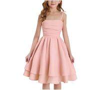 duxyoz Girl's Summer Dresses Spaghetti Strap Swing Pleated Cotton Dress Tween Kids Flowy Front Ruched Boho Beach Casual Midi Sundress for Princess Birthday Party Wedding Prom Gown Pink 10-11 Years