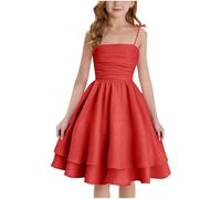 duxyoz Girl's Summer Dresses Spaghetti Strap Swing Pleated Cotton Dress Tween Kids Flowy Front Ruched Boho Beach Casual Midi Sundress for Princess Birthday Party Wedding Prom Gown Red 9-10 Years