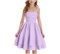 duxyoz Girl's Summer Dresses Spaghetti Strap Swing Pleated Cotton Dress Tween Kids Flowy Front Ruched Boho Beach Casual Midi Sundress for Princess Birthday Party Wedding Prom Gown