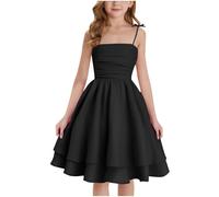 duxyoz Girl's Summer Dresses Spaghetti Strap Swing Pleated Cotton Dress Tween Kids Flowy Front Ruched Boho Beach Casual Midi Sundress for Princess Birthday Party Wedding Prom Gown Black 12-13 Years