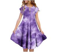 duxyoz Girls Summer Dresses Stretchy A Line Twirly Skater Dress with Pockets Ruffle Short Sleeve Holiday Party Dresses Kids Round Neck Tie-Dye Casual T-Shirt Dress Swing Boho Sundress