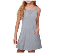 duxyoz Girl'S Summer Dresses With Pockets Adjustable Spaghetti Strap Sling A Line Casual Lightweight Sundress Kids Solid Color Plain Loose Lounge Eyelet Flowy Dress Loose Fit Mini Sundress 14-15 Years
