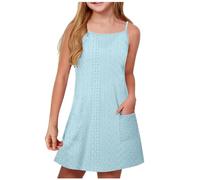 duxyoz Girl's Summer Dresses with Pockets Adjustable Spaghetti Strap Sling A Line Casual Lightweight Sundress Kids Solid Color Plain Loose Lounge Eyelet Flowy Dress Loose Fit Mini Sundress 9-10 Years