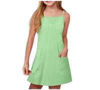 duxyoz Girl's Summer Dresses with Pockets Adjustable Spaghetti Strap Sling A Line Casual Lightweight Sundress Kids Solid Color Plain Loose Lounge Eyelet Flowy Dress Loose Fit Mini Sundress 7-8 Years