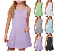 duxyoz Girl's Summer Dresses with Pockets Adjustable Spaghetti Strap Sling A Line Casual Lightweight Sundress Kids Solid Color Plain Loose Lounge Eyelet Flowy Dress Loose Fit Mini Sundress 7-8 Years