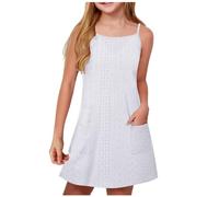 duxyoz Girl's Summer Dresses with Pockets Adjustable Spaghetti Strap Sling A Line Casual Lightweight Sundress Kids Solid Color Plain Loose Lounge Eyelet Flowy Dress Loose Fit Mini Sundress 9-10 Years