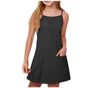duxyoz Girl's Summer Dresses with Pockets Adjustable Spaghetti Strap Sling A Line Casual Lightweight Sundress Kids Solid Color Plain Loose Lounge Eyelet Flowy Dress Loose Fit Mini Sundress 5-6 Years