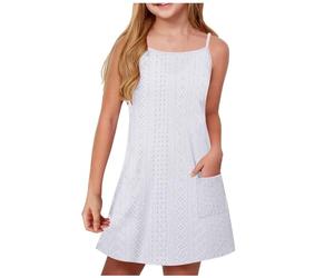 duxyoz Girl'S Summer Dresses With Pockets Adjustable Spaghetti Strap Sling A Line Casual Lightweight Sundress Kids Solid Color Plain Loose Lounge Eyelet Flowy Dress Loose Fit Mini Sundress 11-12 Years