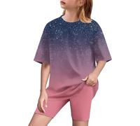 duxyoz Girls Summer Outfits 2 Pieces suit Sets Kids Short Sleeve Tops T-Shirts And Yoga Leggings Gradient Color Casual Sweatsuits Y2k Streetwear Activewear Lounge Casual Sports Suit 14-15 Years
