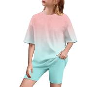 duxyoz Girls Summer Outfits 2 Pieces suit Sets Kids Short Sleeve Tops T-Shirts And Yoga Leggings Gradient Color Casual Sweatsuits Y2k Streetwear Activewear Lounge Casual Sports Suit 14-15 Years