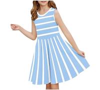 duxyoz Girl's Summer Stripe Dress Casual Party A-Line Midi Tank Dress Kids Round Neck Swing Skater Birthday Dresses Knee Length Vintage Sundress Flower Girl Pleated Dresses 13-14 Years