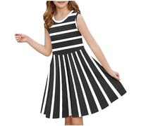 duxyoz Girl's Summer Stripe Dress Casual Party A-Line Midi Tank Dress Kids Round Neck Swing Skater Birthday Dresses Knee Length Vintage Sundress Flower Girl Pleated Dresses 7-8 Years